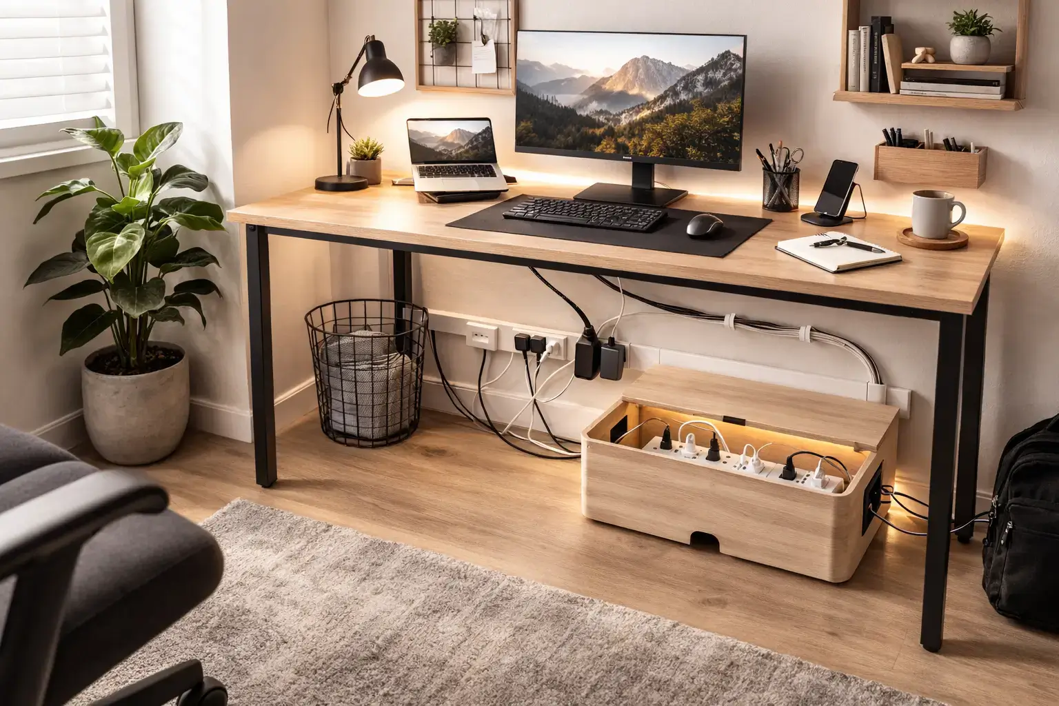 Organização de cabos para home office pequeno