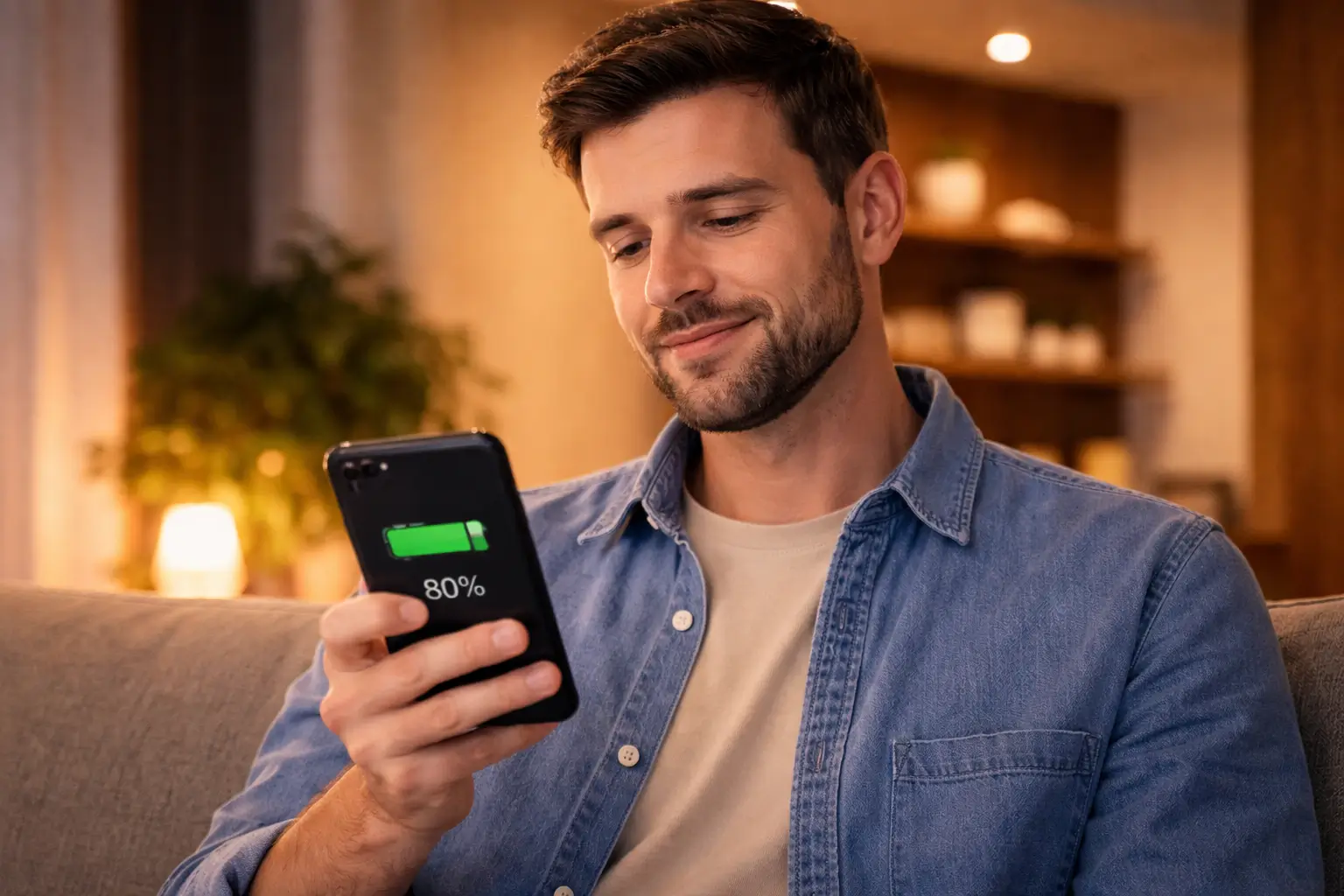 Celular carregado até 80% para preservar a saúde da bateria.