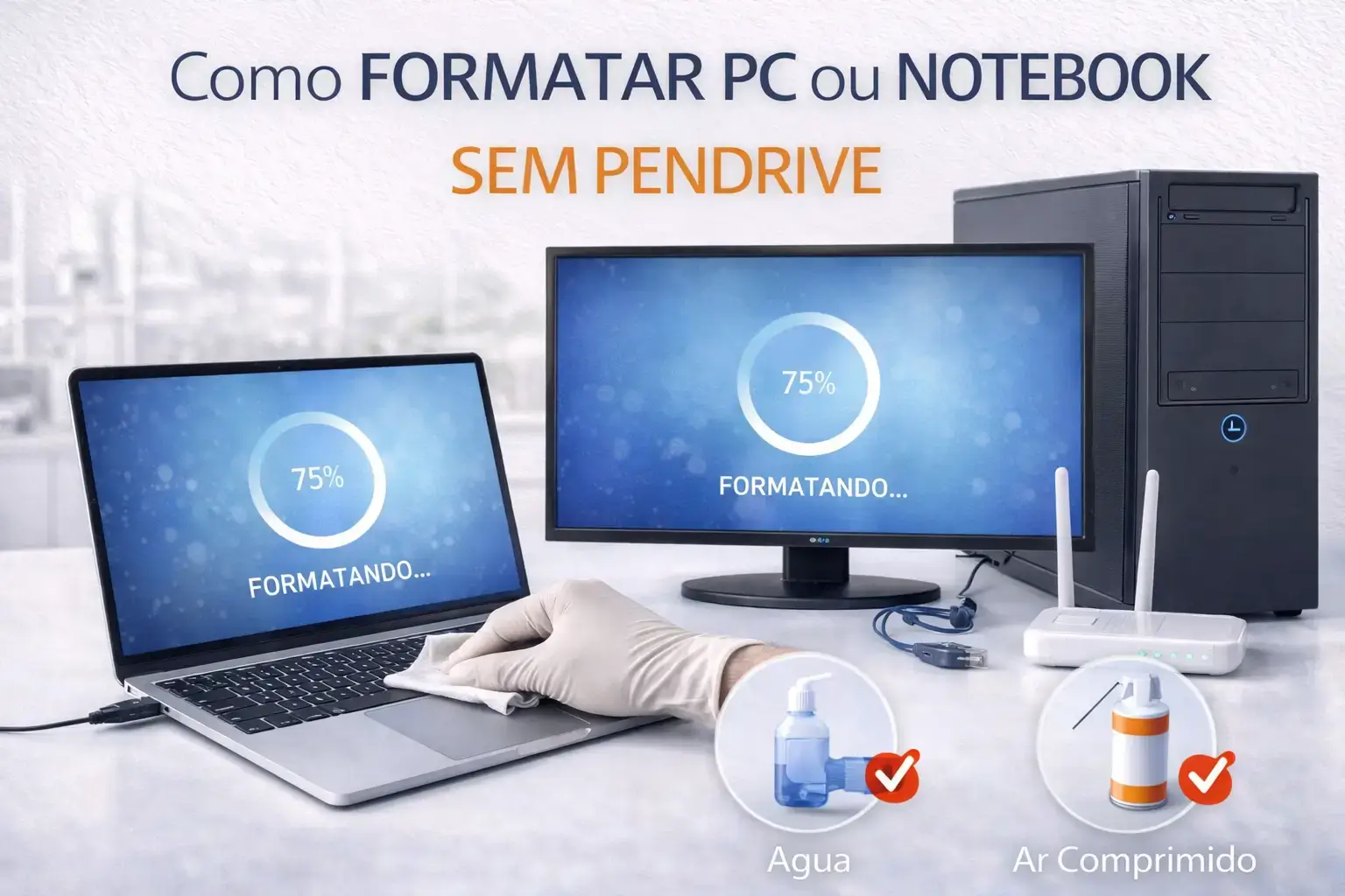 Notebook e PC desktop em ambiente claro exibindo tela de formatação com barra de progresso, ao lado de roteador e conexão de rede, destacando formatação sem uso de pendrive.