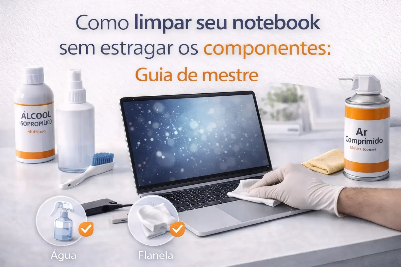 Notebook aberto em superfície clara com ferramentas de limpeza ao redor, como pano de microfibra, álcool isopropílico e ar comprimido, destacando cuidado e manutenção segura dos componentes.