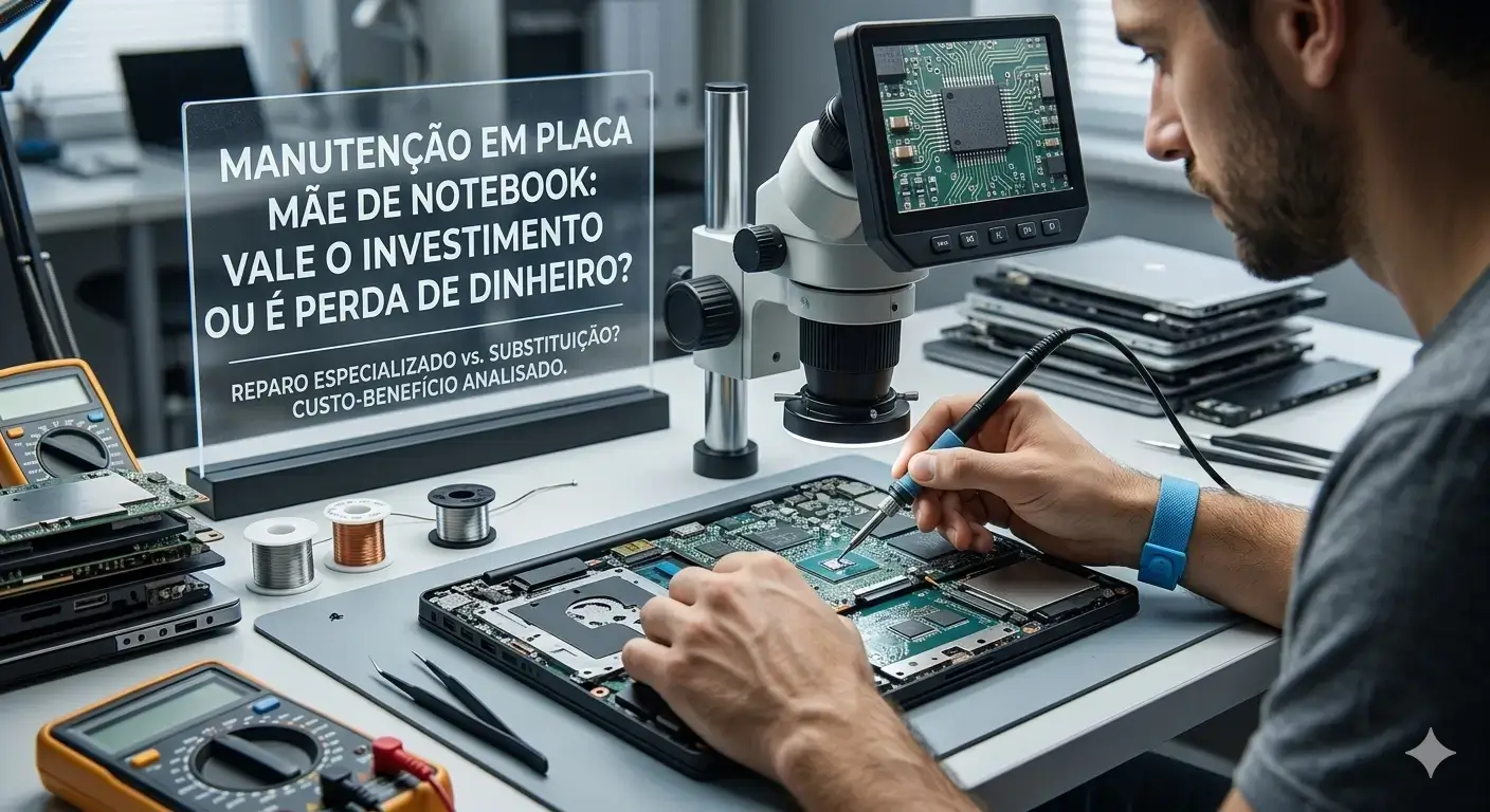 Close de reparo técnico em placa-mãe de notebook, mostrando chip de microprocessador e ferramentas de precisão.