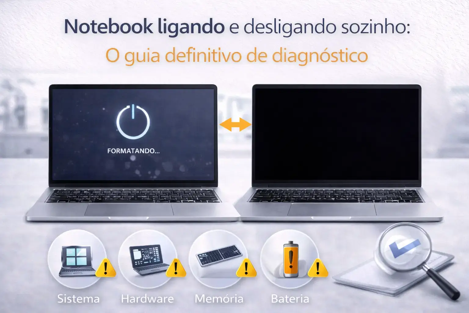 Dois notebooks em superfície clara, um ligado e outro desligado, com ícones indicando possíveis falhas (sistema, hardware, memória e bateria) e lupa simbolizando diagnóstico técnico.