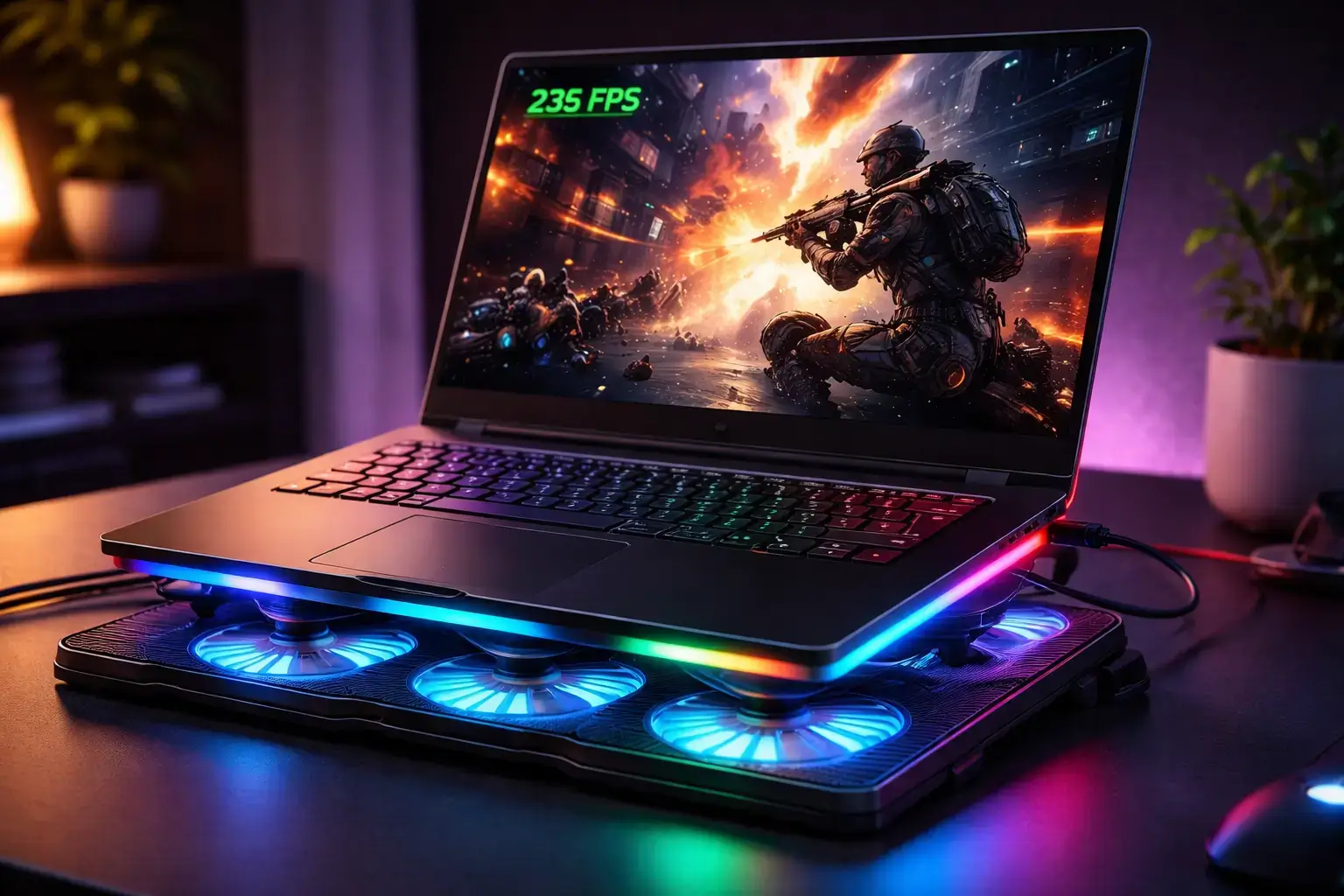 Notebook gamer com RGB lateral, exibindo jogo com 235 FPS e base de refrigeração iluminada.