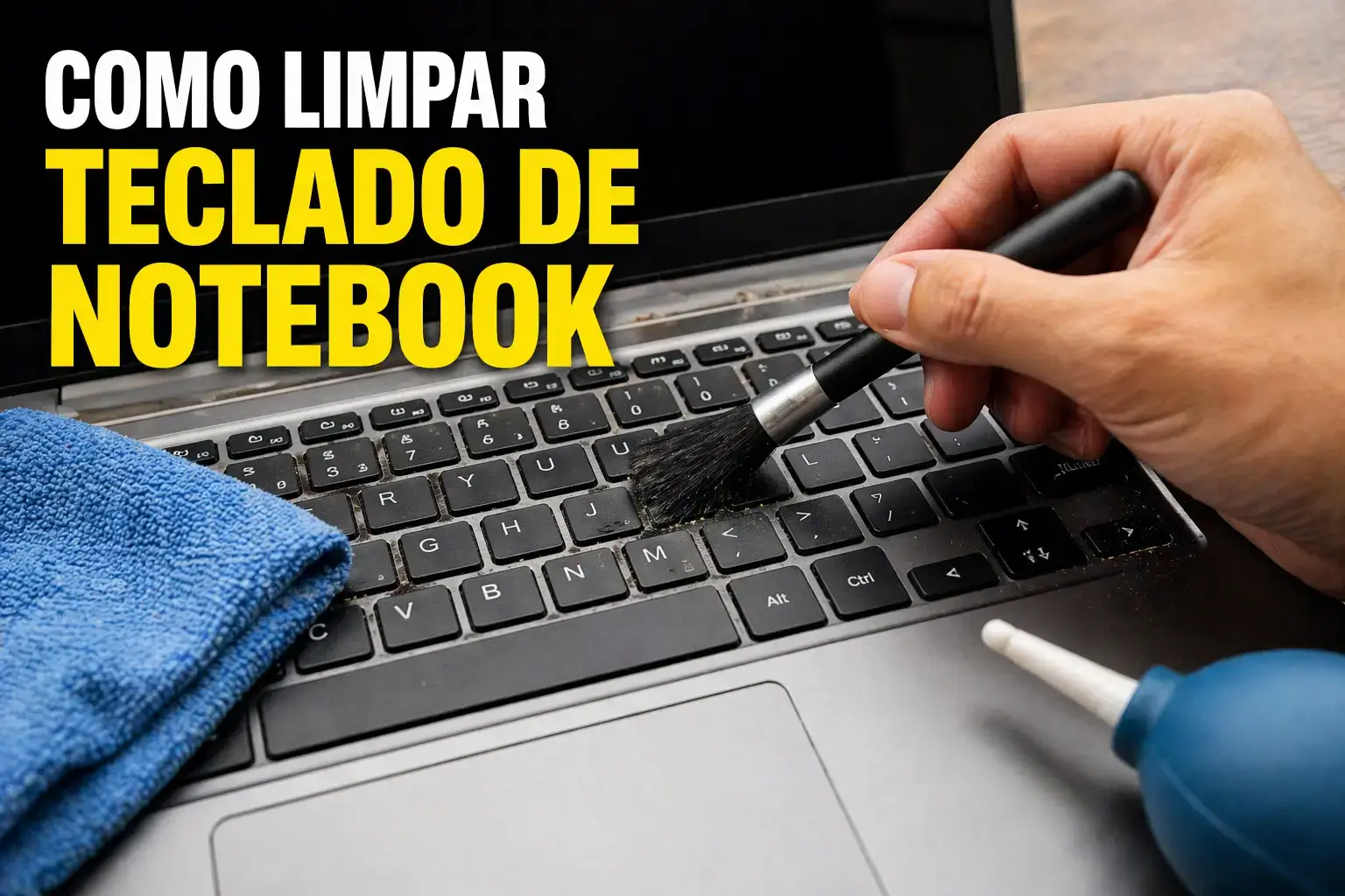Mão limpando teclado de notebook com pincel e pano de microfibra, removendo sujeira entre as teclas