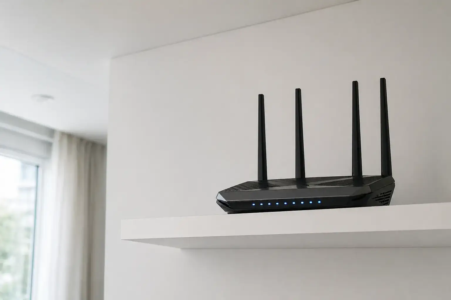 Roteador Wi-Fi posicionado corretamente para melhorar o sinal residencial.