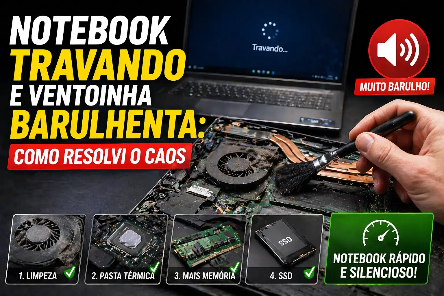 Notebook aberto com acúmulo de poeira na ventoinha sendo limpo com pincel, representando solução para travamentos e excesso de barulho.