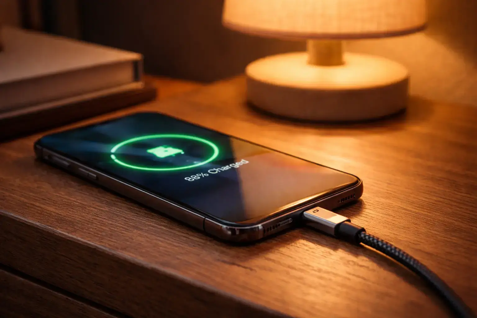 Foto em close de um smartphone conectado a um cabo USB-C em cima de um criado-mudo de madeira, com um abajur ao fundo criando um clima noturno aconchegante.