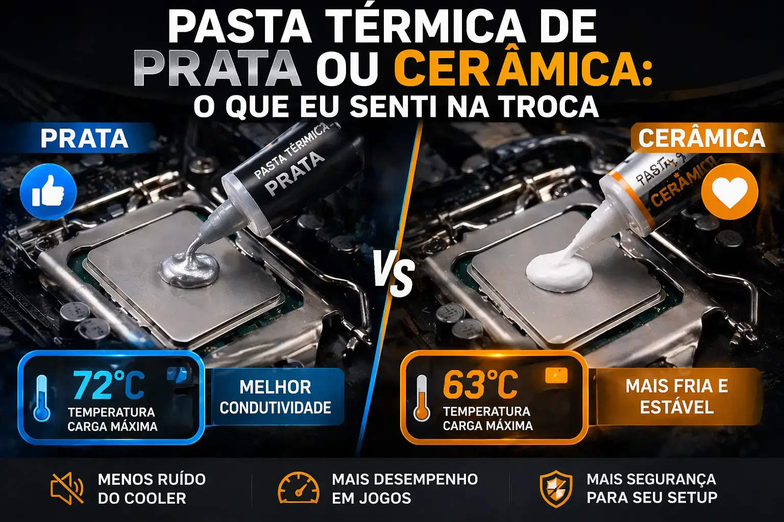 Comparação entre pasta térmica de prata e cerâmica aplicada em processador, destacando diferenças de temperatura e desempenho.