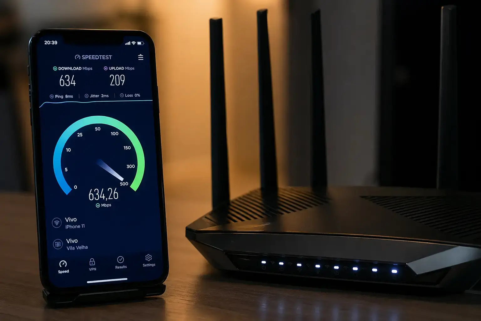 Pessoa realizando um teste Wi-Fi no celular para medir a velocidade da internet.