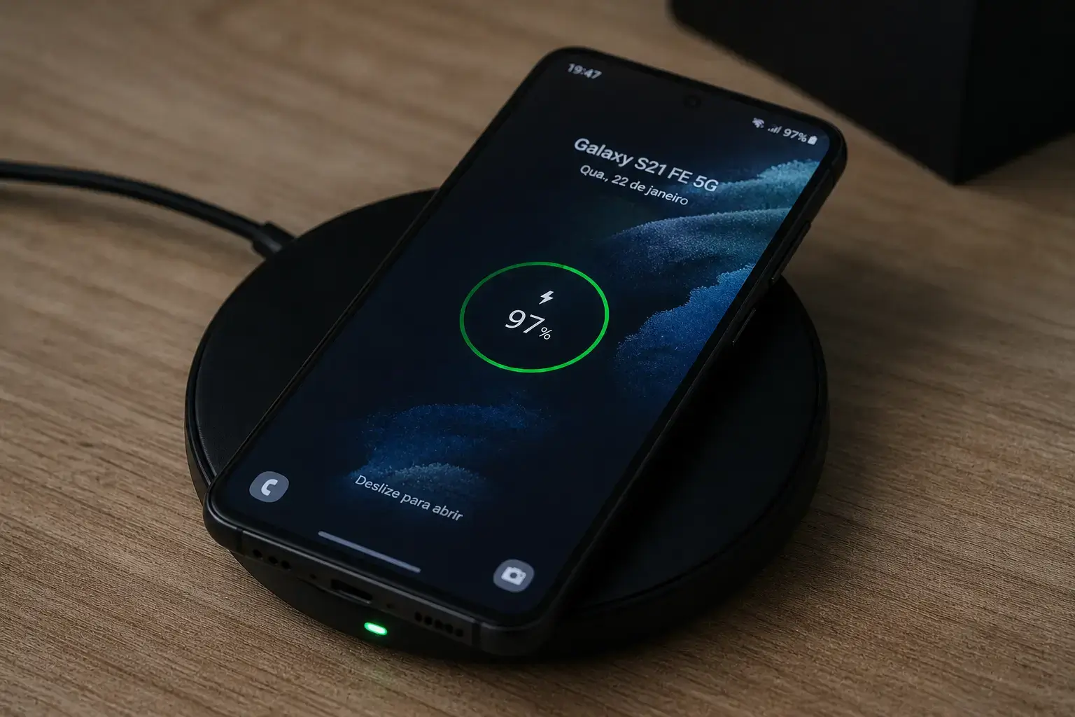 Celular Samsung carregando por indução em uma base sem fio.