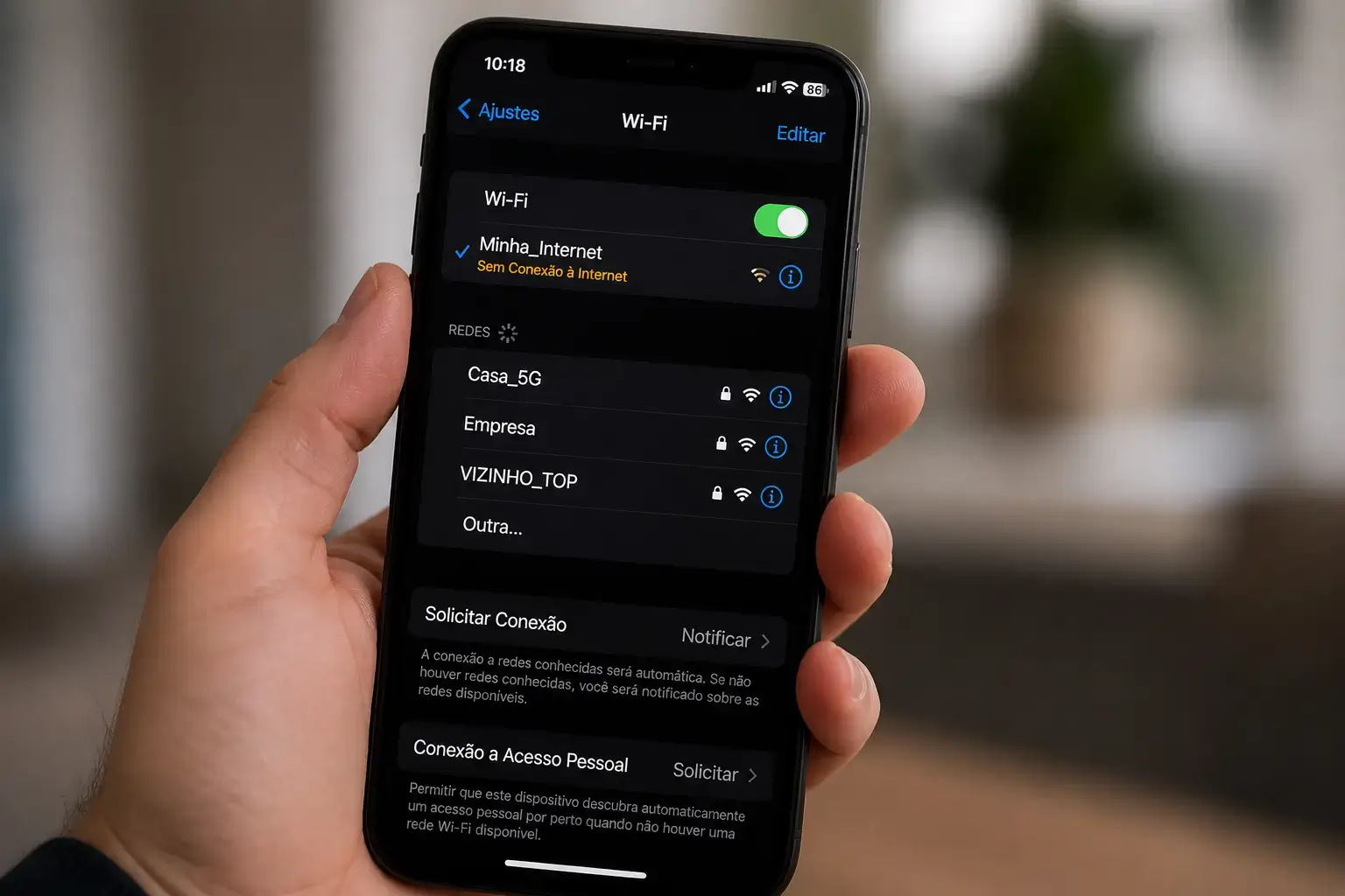 Usuário tentando resolver problema de conexão Wi-Fi no celular.