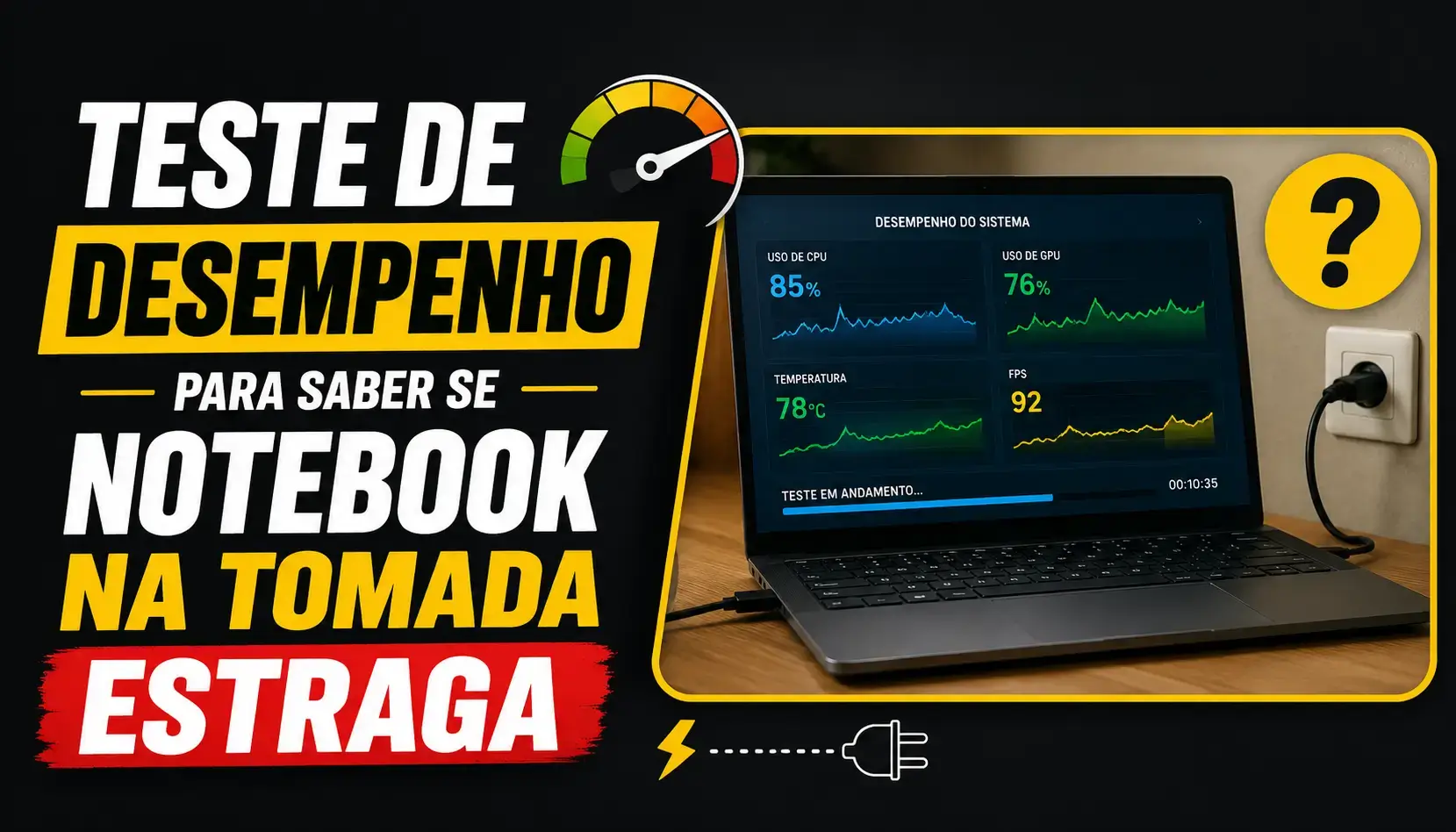 Notebook conectado à tomada exibindo teste de desempenho na tela, analisando se usar o notebook carregando pode causar danos ao aparelho.
